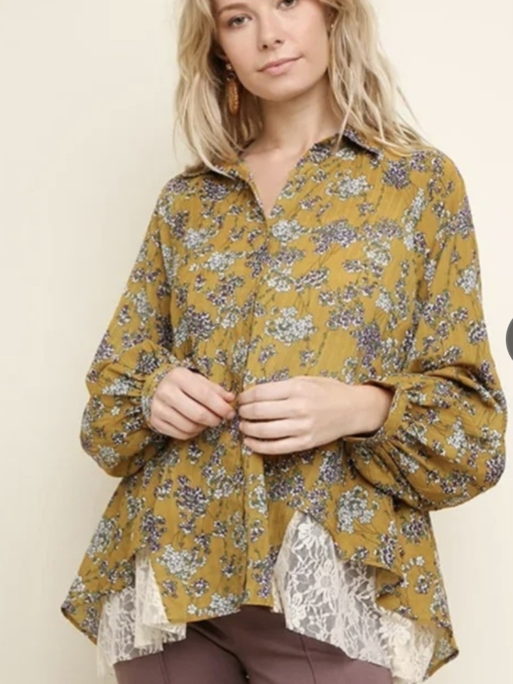 Cottagecore Boho Umgee Mustard Floral Button-Down Blouse with Lace Hem